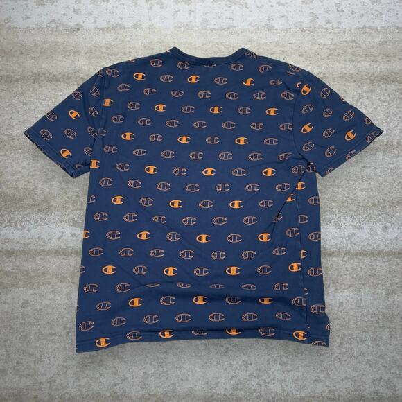 Champion Shirt Navy Blue Reverse Weave Cotton Orange All Over Print Short Sleeve - Picture 2 of 4